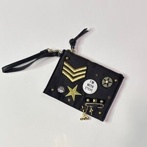 Steve Madden Black Wristlet Pouch Gold Stud Patch Embellished Zip Wallet